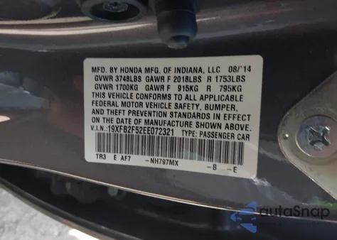 2014 Honda Civic Lx из США, поврежденный, VIN 19XFB2F52EE072321